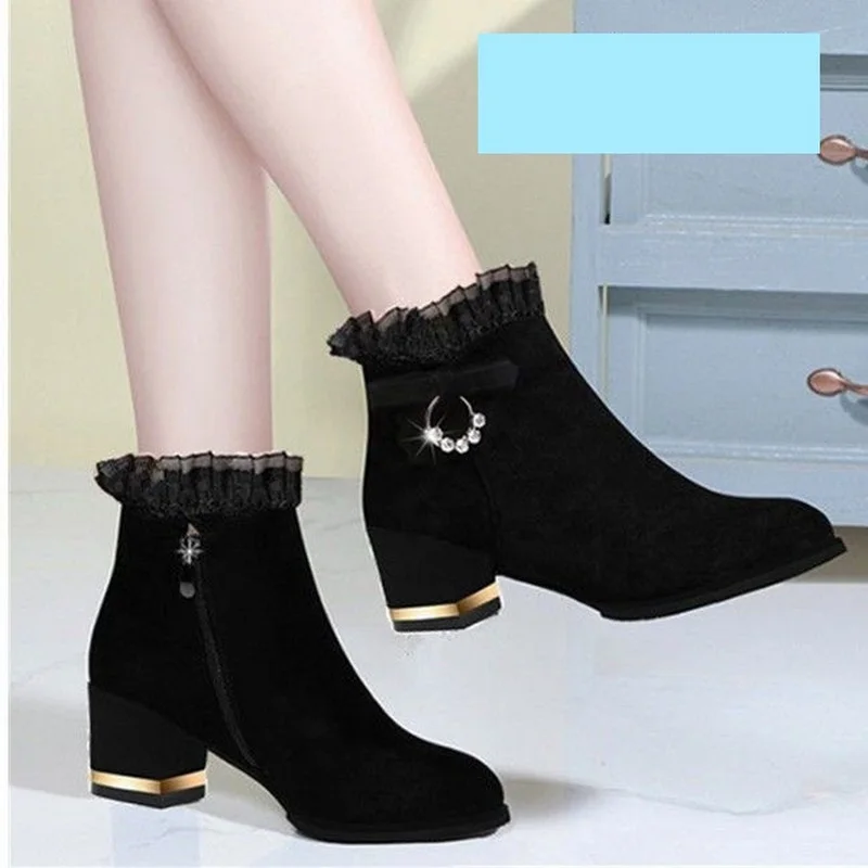 FHANCHU Fashion Women Flock Ankle Boots,Mid Heeels Winter Shoes,Lace Short Botas,Round Toe,Side Zip,Black,Dropship