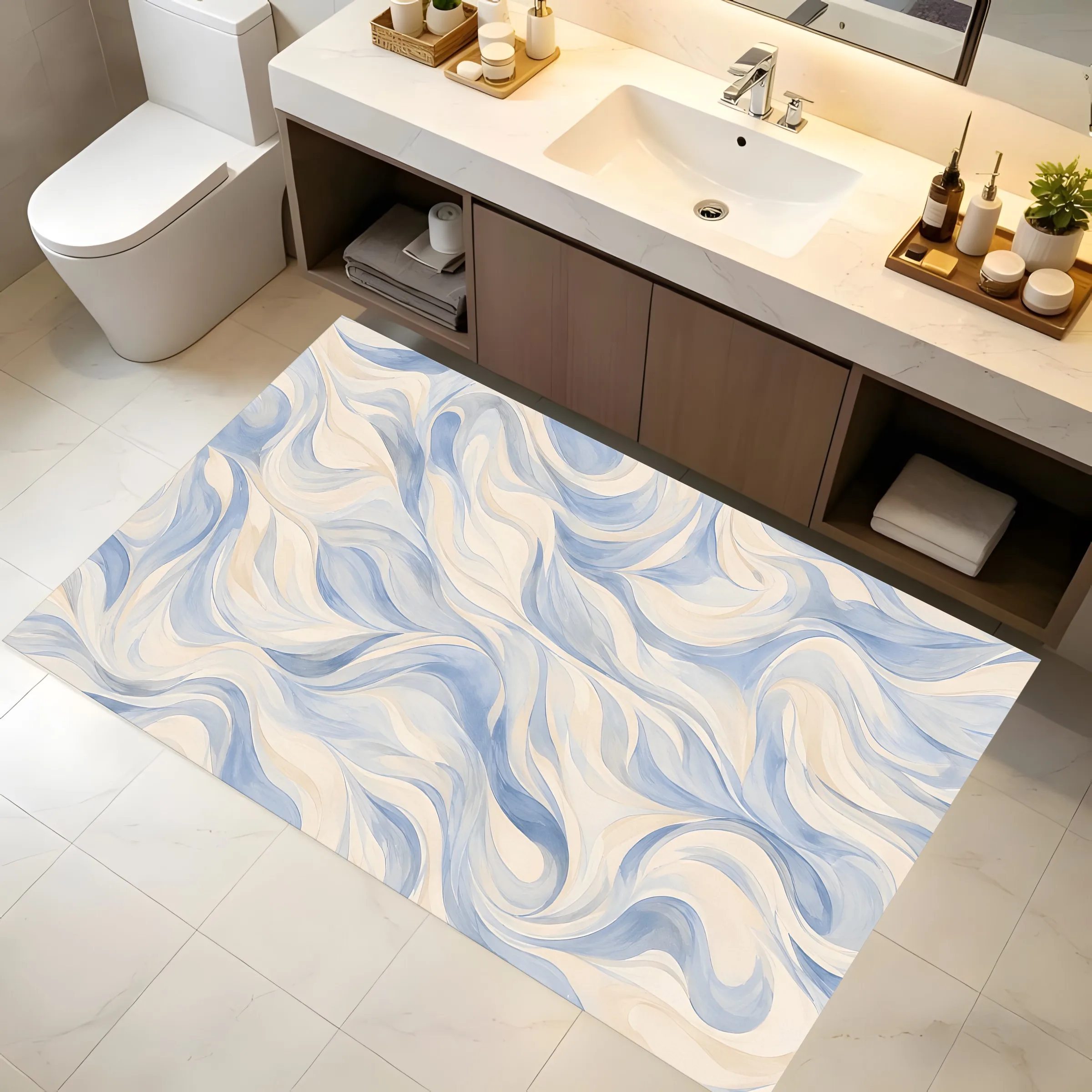 2D Large Rug, Milky White & Light Blue Flowing Ripple Pattern, Fresh Creamy Style, Living Room Bedroom