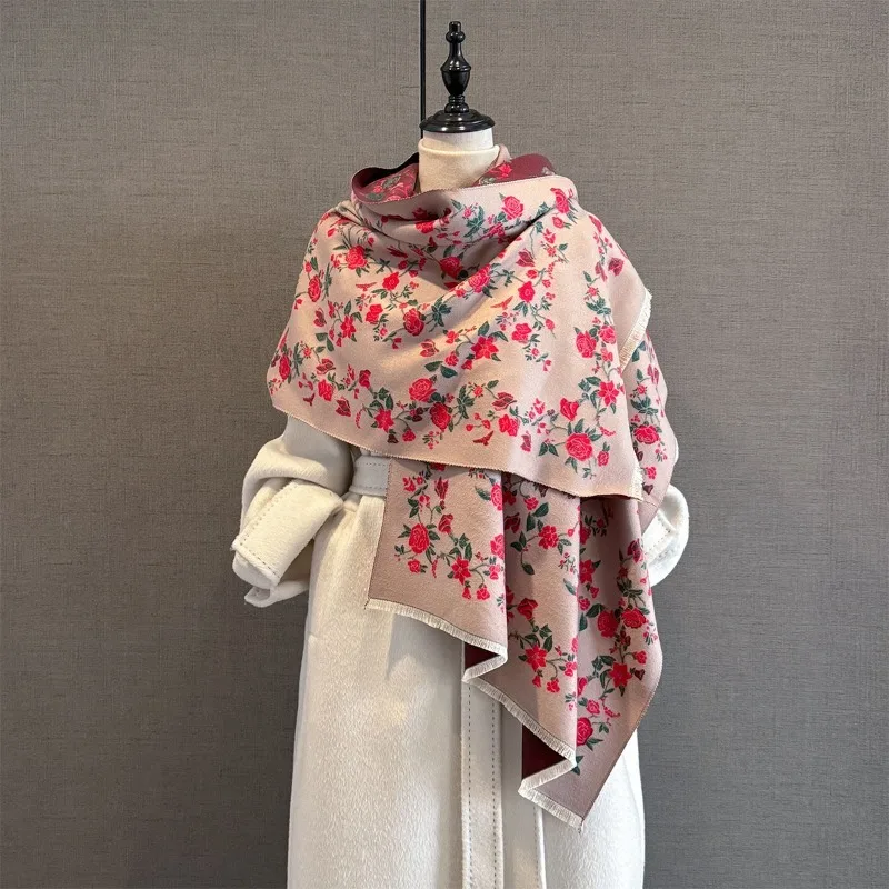 

1 шт., женский зимний и осенний шарф в китайском стиле с принтом роз, имитация кашемира, теплая шаль, элегантный шарф на шею, удобный шарф