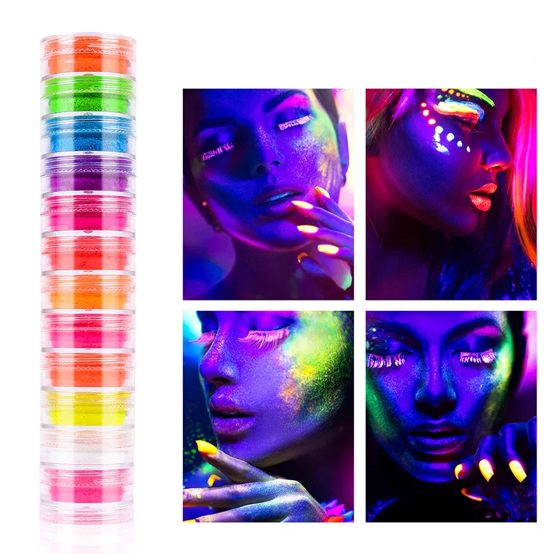 12 colori neon fosforo pigmento polvere fluorescente smalto pigmento polvere set decorazioni per unghie nail art viso fluorescente