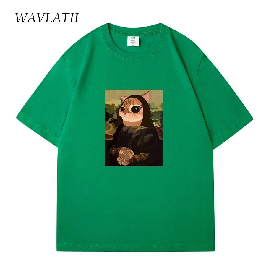 WAVLATII Women New 100% Cotton T shirts Female Dark Green Funny Printed Tees Lady Beige Cool Short Sleeve Tops for Summer WT2336