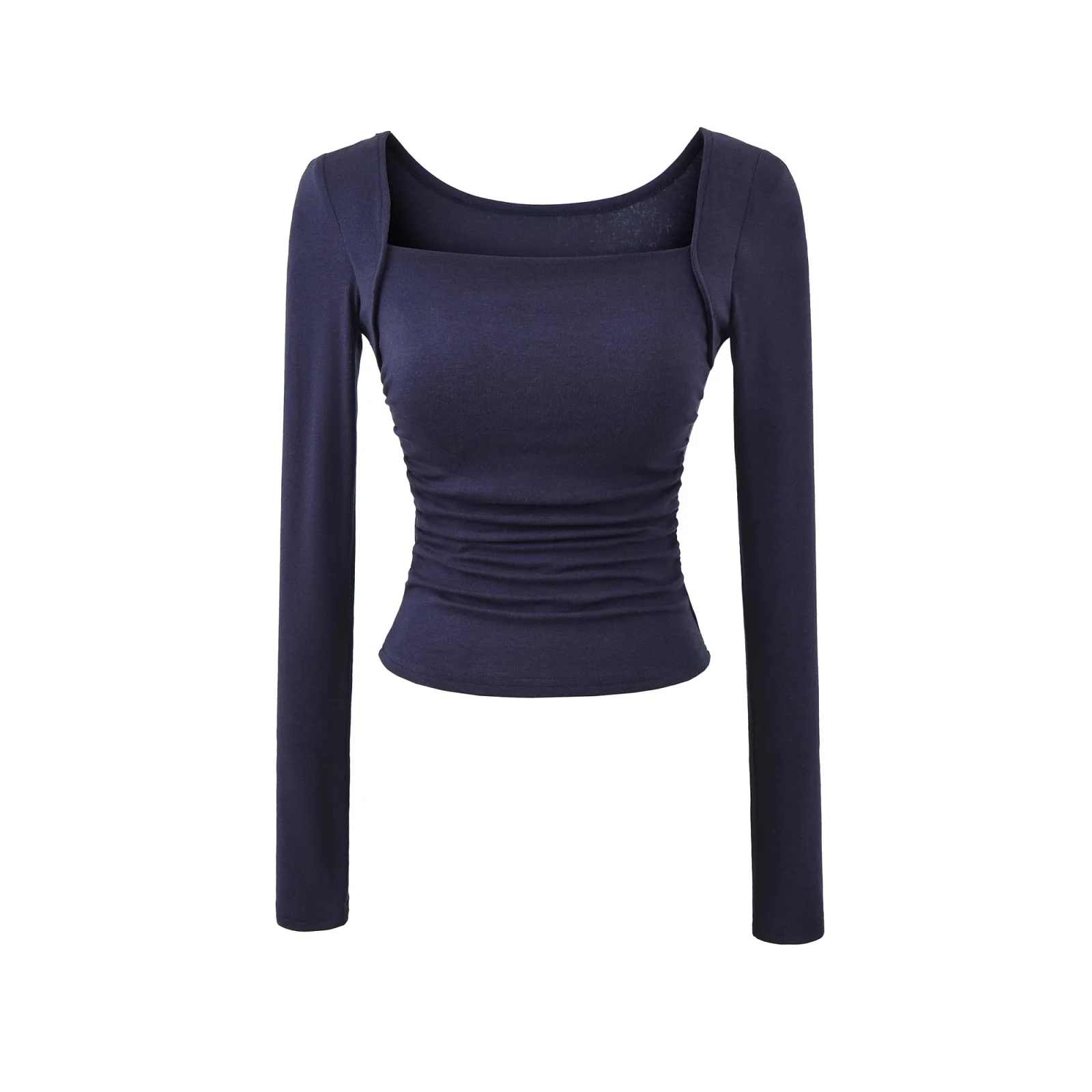 Sweet Style Long Sleeve Slim Fit T-Shirt Women's Folded Waist Short Coat Neck Design Breathable Casual Pure Color Top