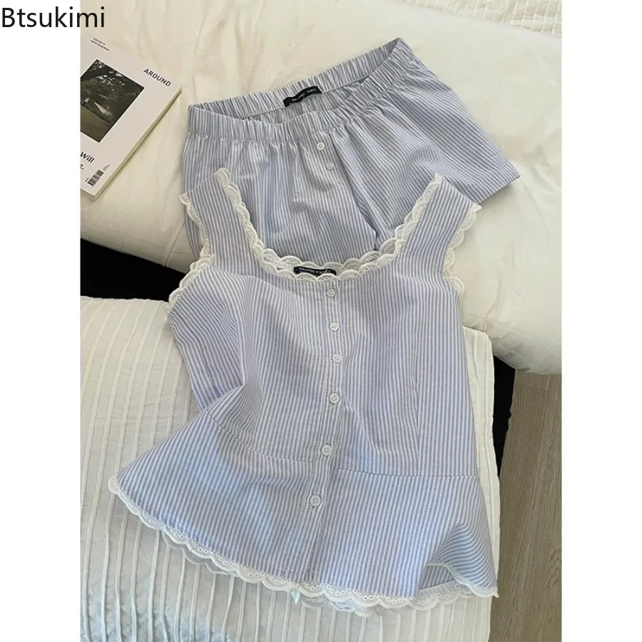 Women's Fashion Lace Striped Pajamas Blue Suit Sleeveless Nightwear Single Breasted Pajamas and Shorts Two Piece Set for Women