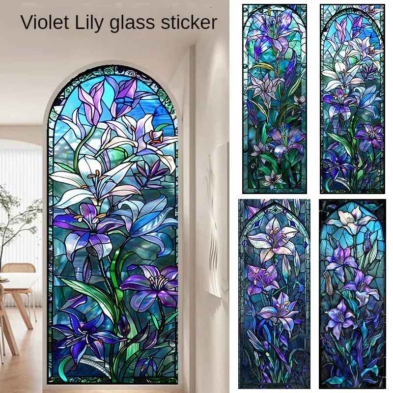 

Exquisite Flower Purple Lily Glass Window Film Window Stickers Glass Stickers Stained Glass Window Tint Static Cling Stained