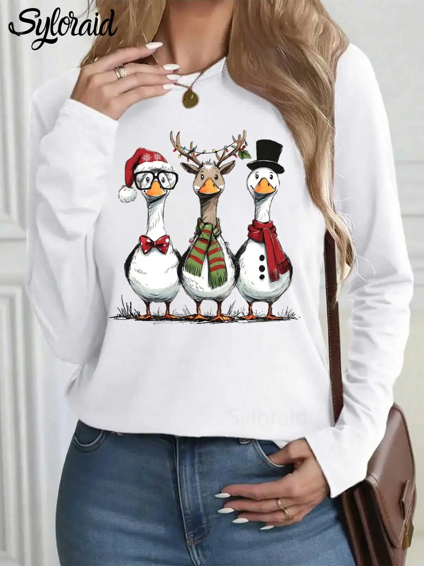 

Women's Long Sleeve T Shirt Christmas Hat Scarf Antlers Goose Print T Shirt Fashion Round Neck Casual Top