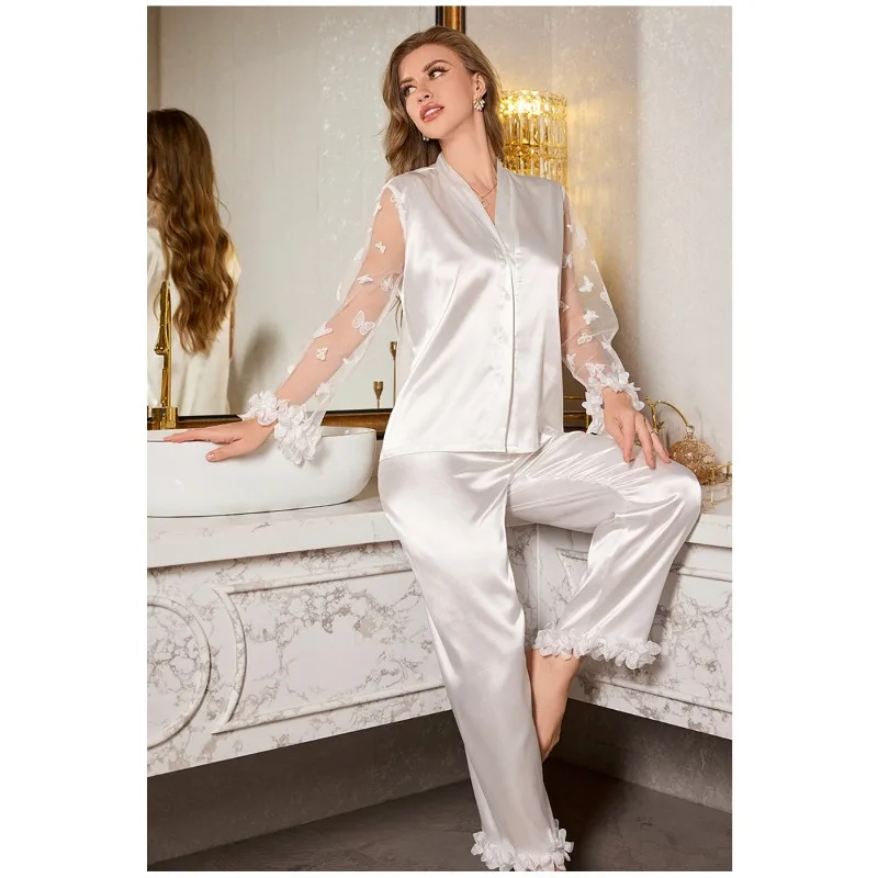 

2pcs Set Elegant Lace-edge Silk Pajama Set for Women - Comfortable Home Wear Pajamas with Long Sleeves and Long Pants Set