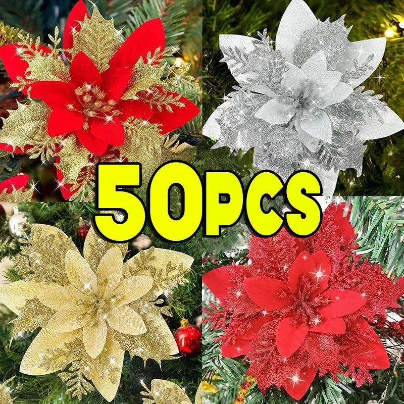 50/5PCS Artificial Glitter Christmas Flowers with Clips for Xmas Tree Ornament Fake Flower Floral New Year Party Home Decoration