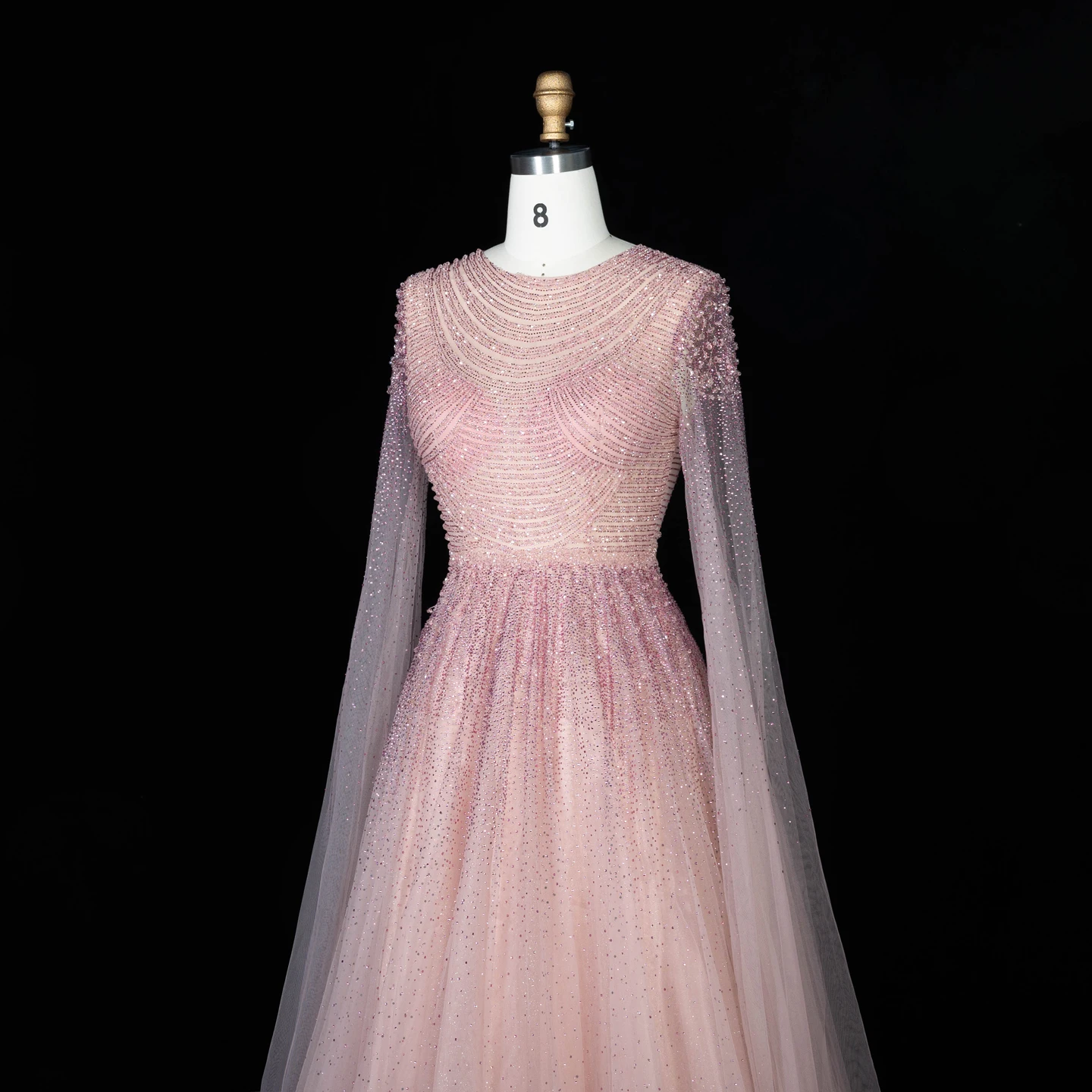 Sharon Said Luxuriöses Braunes Abendkleid mit Rundhalsausschnitt, Langen Transparenten Cape-Ärmeln und Schwer Perlenbesetztem Dubai-Formal-Partykleid SS059 Maßanfertigung – Detail 14