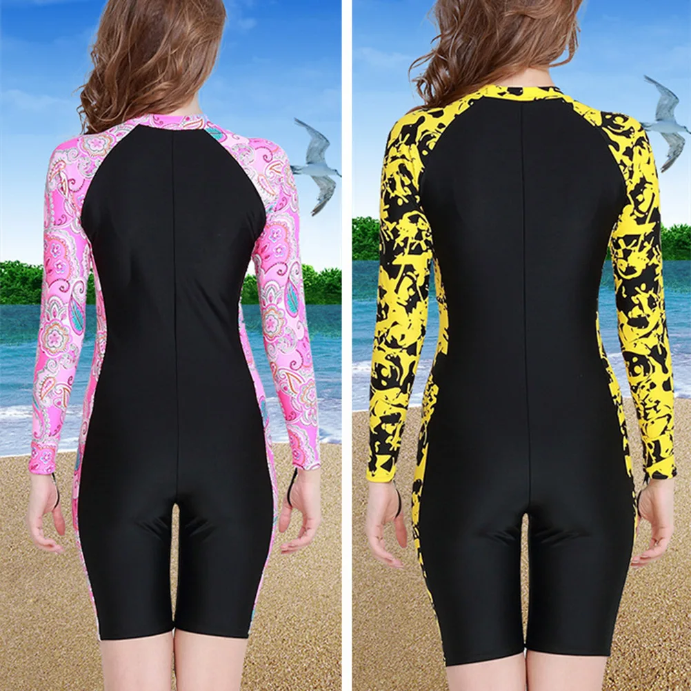 

Women Long Sleeve Wet Suit Diving Suit Full Body Swimming Costume For Snorkeling Surfing Pool Water Sports Yellow Floral With
