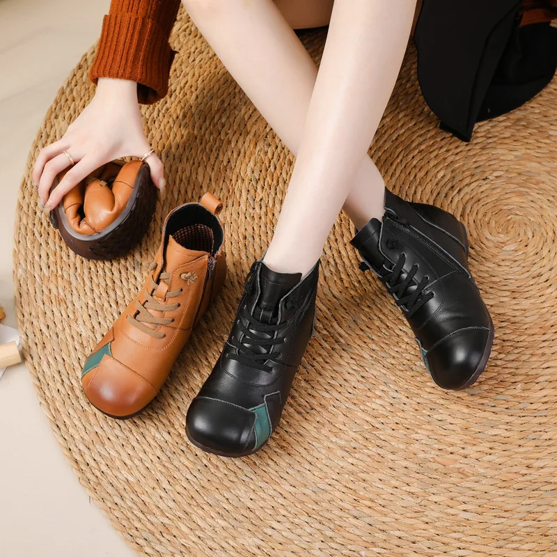 2023 Winter New Flat Sole Short-Leg Women Boots Ethnic Style Genuine Leather Color Matching Boots Warm Cotton Shoes For Women