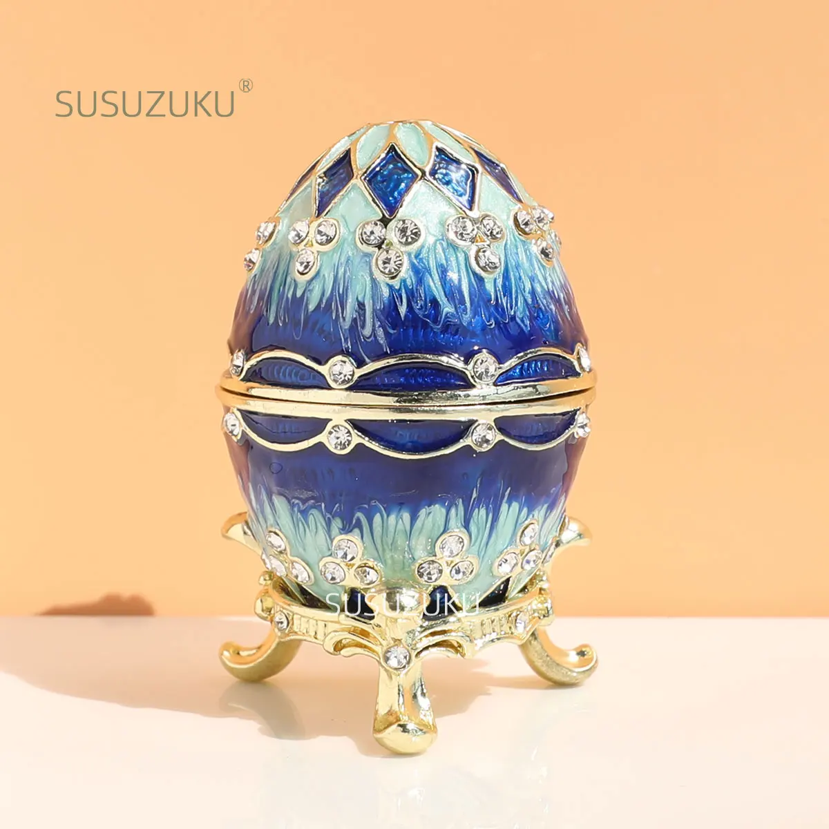 Blue Vintage Faberge Style Egg Trinket Box - Unique Hand Painted Enameled Jewelry Box, Collectible, Unique Gift for Home Decor