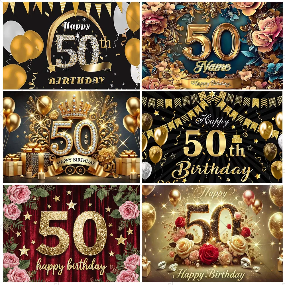 

Happy 50th Birthday Backdrop Glitter Bokeh Black Gold Balloon 50 Years Old Background Fifty Bday Party Cake Banner for Men Women
