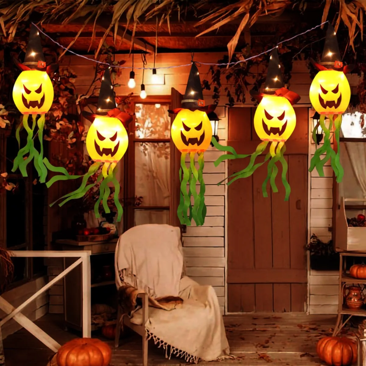 

Halloween Decorations Outdoor Hanging Lights Decor Glowing Pumpkin Witch Hat Led Lighted Up Scary Orange Decoration Ornament