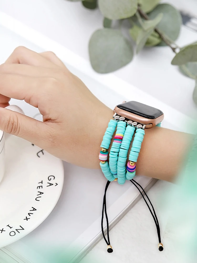 Handmade Adjustable Compatible Apple Watch Bands 38mm-45mm Butterfly Cute Fashion Stack Rainbow Vinyl Disc Bead with Tassel