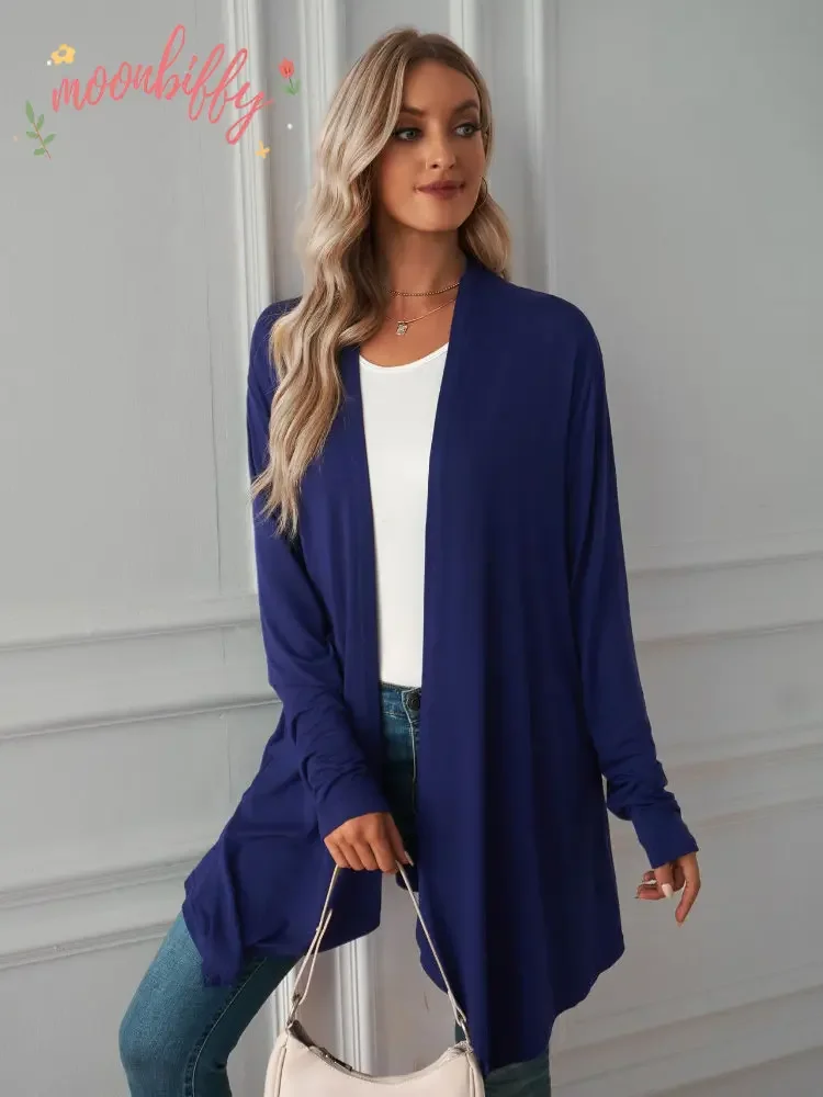 Wiosna jesień kobiety cienki sweter rozpinany długi, w stylu Oversized sweter pani urząd podstawowe Soild luźne damska bluzka na co dzień solidny kolor smukły płaszcz