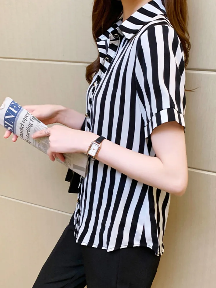 #3303 Summer Black And White Striped Shirt Women Single Breasted Office Shirt Femme Short Sleeve Satin Shirt Elegant Regular Fit