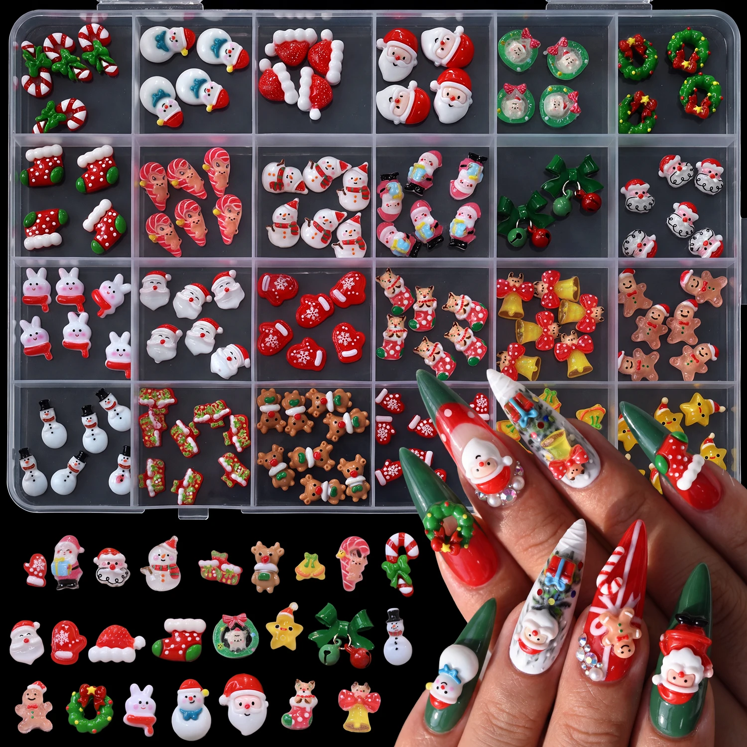 1Box Christmas Nail Charm 3D Cute Santa Snowman Gingerbread Man Candy Cane Wreath Nail Decor For DIY Manicure Xmas Holiday Party