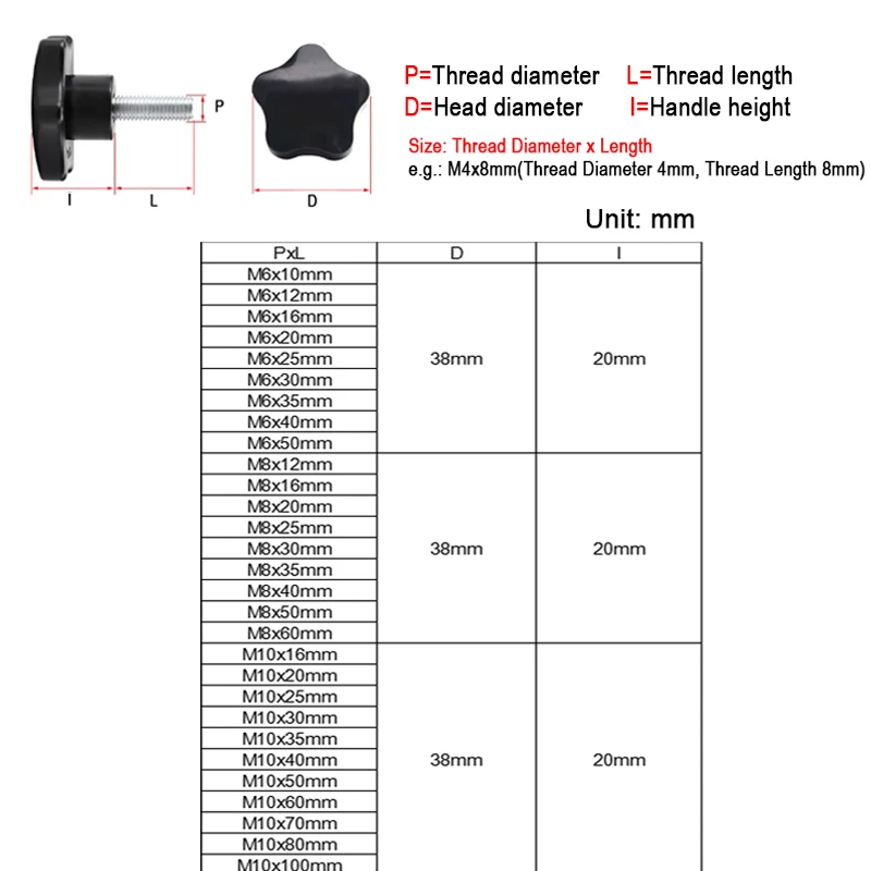 1/2pcs Carbon Steel Black Plastic Rosette Pentagram Star Thumb Screws Hand Grip Knob Bolts M6 M8 M10 Plum Blossom Hand Screw