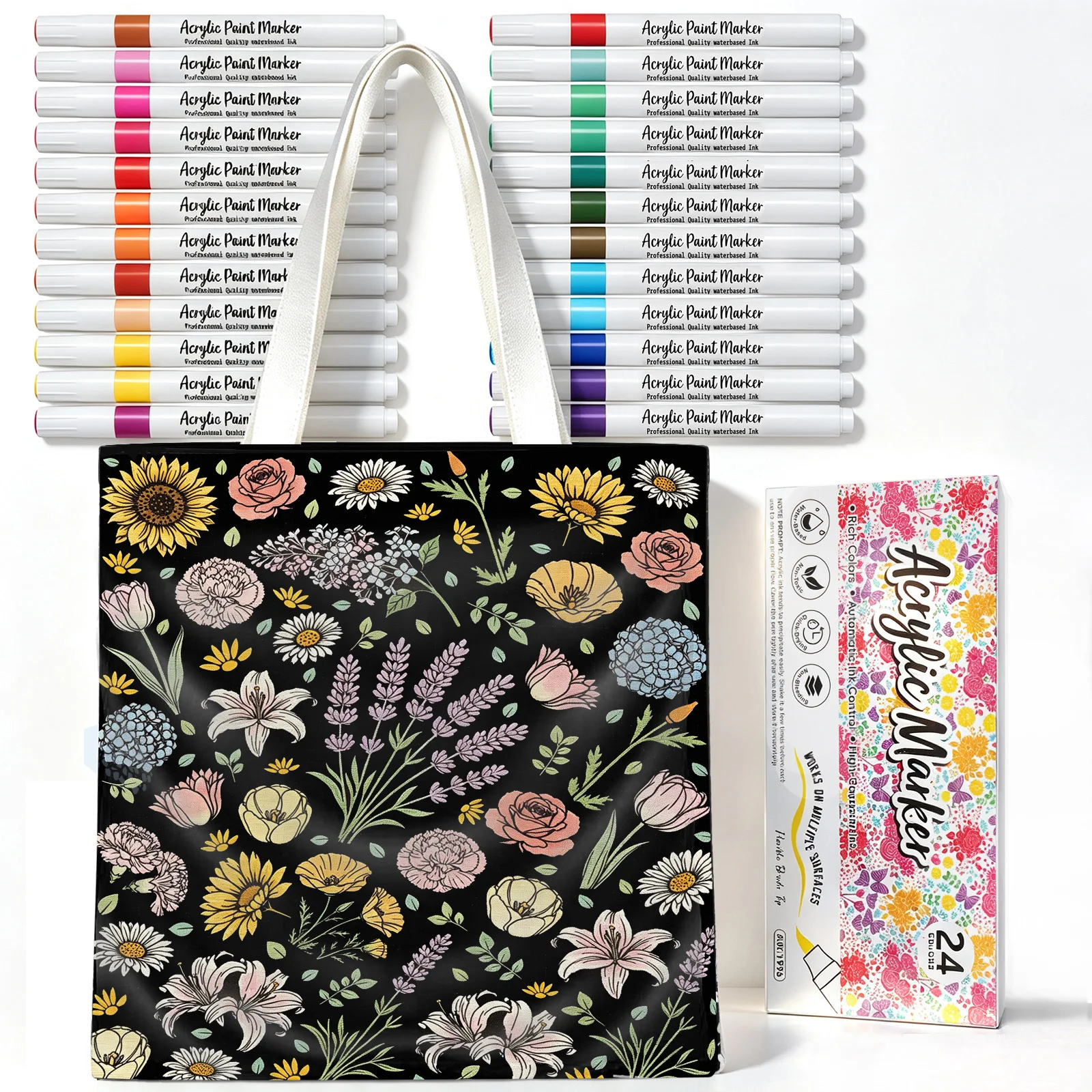 Royamoon Color Your Own Tote Bag for Adults Craft Kits with 24 Acrylic Markers, Colour Makeup Bag DIY Painting Art Kit for Women