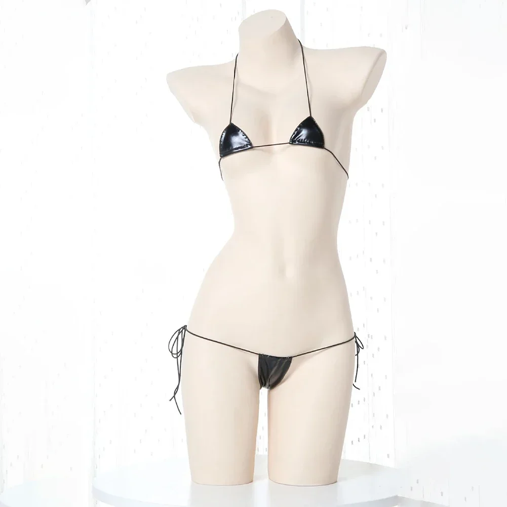 New Womens Sexy Lingerie Leather Bikini Bra G-string Wet Look Breathable Halter Lace-up Tight Fitting Uniform Set Ladies Bikini