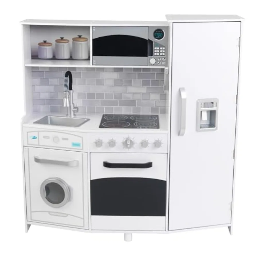 

Large Wooden Play Kitchen with Lights & Sounds, Icemaker, Play Phone, White, Gift for Ages 3+