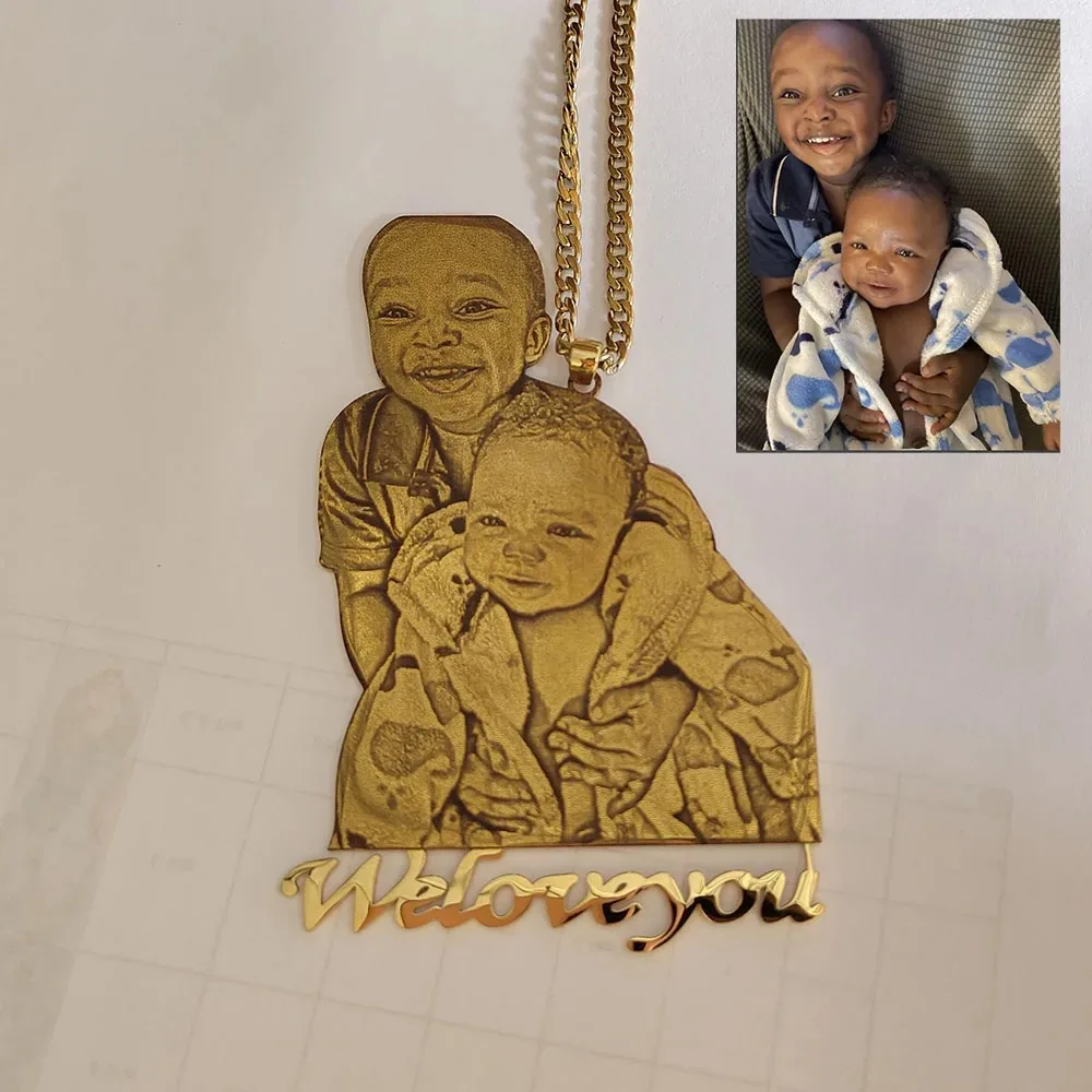 

Gold Customize Family Picture Engraved Pendant With Photo Steel Jewelry Personalized Name Portrait Custom Gift Memory Accessory