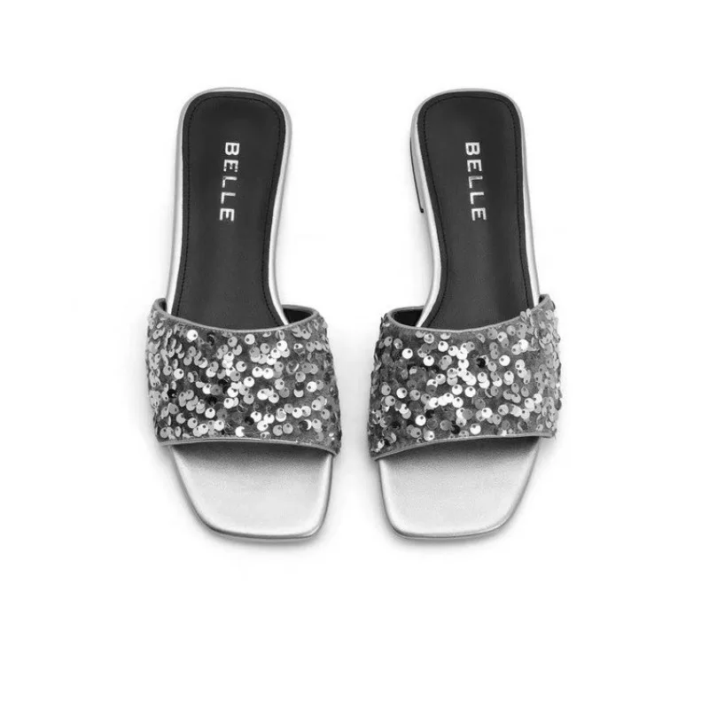 Sequin Slippers Women Shoes Summer Square Heel Comfortable Walking Shoes for Women Sandals Square Toe Open Toe Women's Slippers