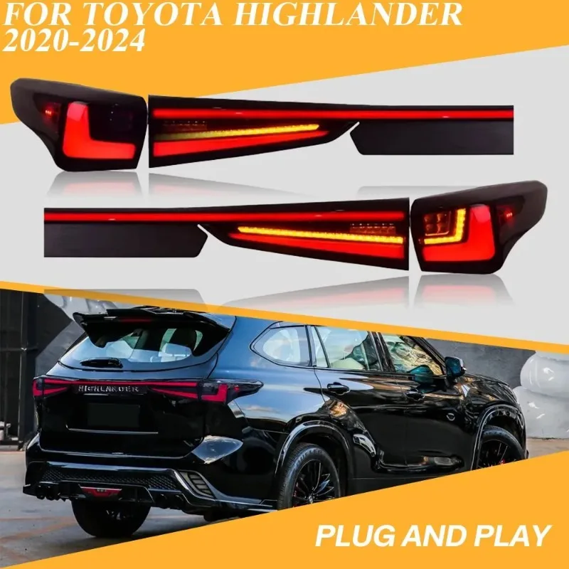 

For Toyota Highlander 2020-2024 Full Smoke LED Tail Lights Pair Black Housing Sequential Turn Signal