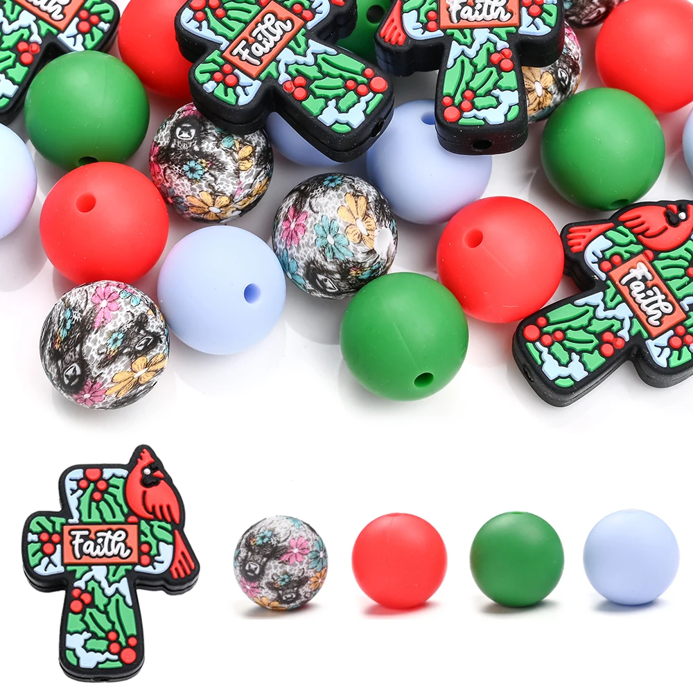 25pcs/set Silicone Cross Focal Beads Cute Cardinals With Cow Head Print Pattern 15mm Round Beads For DIY Pen Beads Keychain ﻿