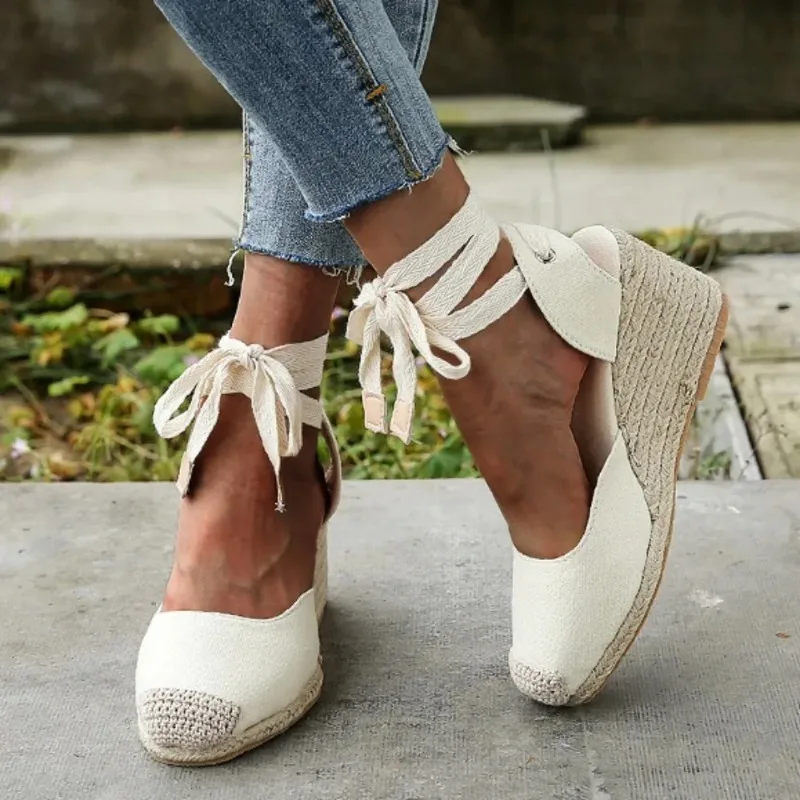 Espadrille sandal wanita, Kasut panggung kanvas tali pergelangan kaki kasual Wedge bernafas