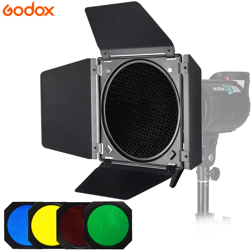 Godox BD - 04 barn door + honeycomb mesh + 4 color filter Bowen mountain standard light reflection photography studio Flash fitt