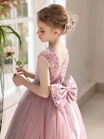 Girl Party Dress Long Pink Gown with Big Bow Evening Dress Puffy Gauze Girl Princess Dress