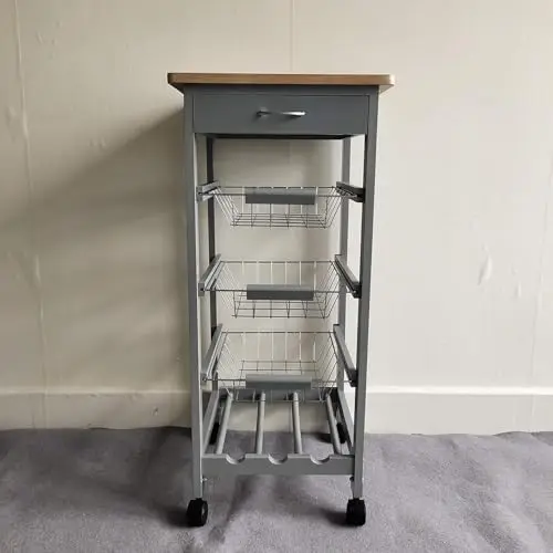 HYGRAD® Mobile Kitchen Cart, Kitchen Rolling Island with Storage, Solid Wood Frame Utility Cart with Wire Fruit Baskets