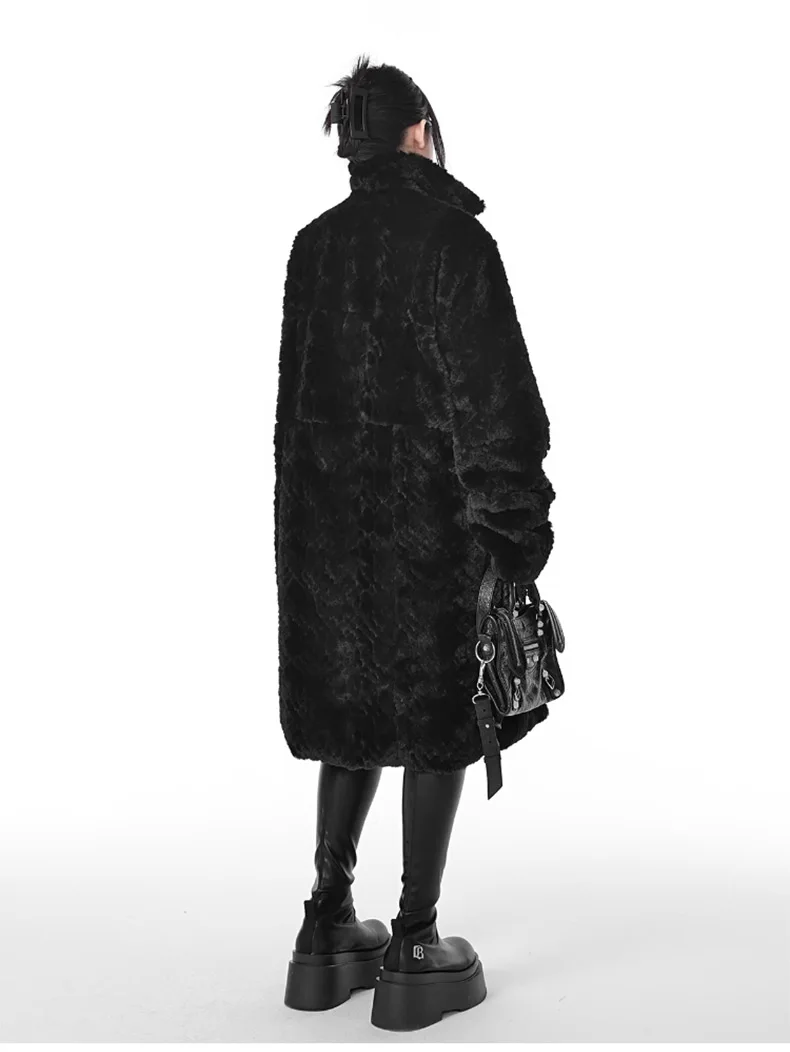 Lautaro Winter Cool Long Loose Casual Soft Thick Warm Black Fuzzy Faux Fur Coat Women Stand Collar Punk Style Fluffy Jacket 2023