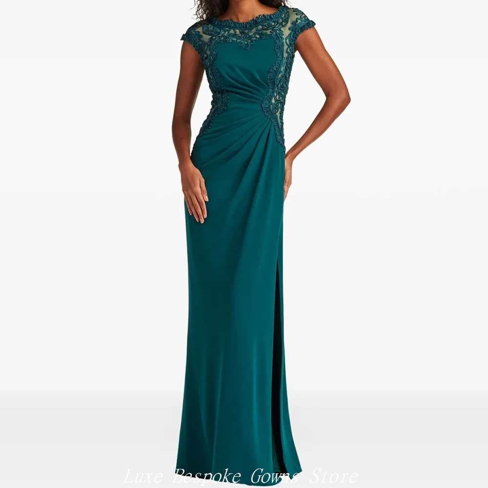 

Women's Formal Evening Gowns A-line Floor-length Boat Neck Sleeveless Prom Dresses Fashion Lace Simple Draped Customized Gowns