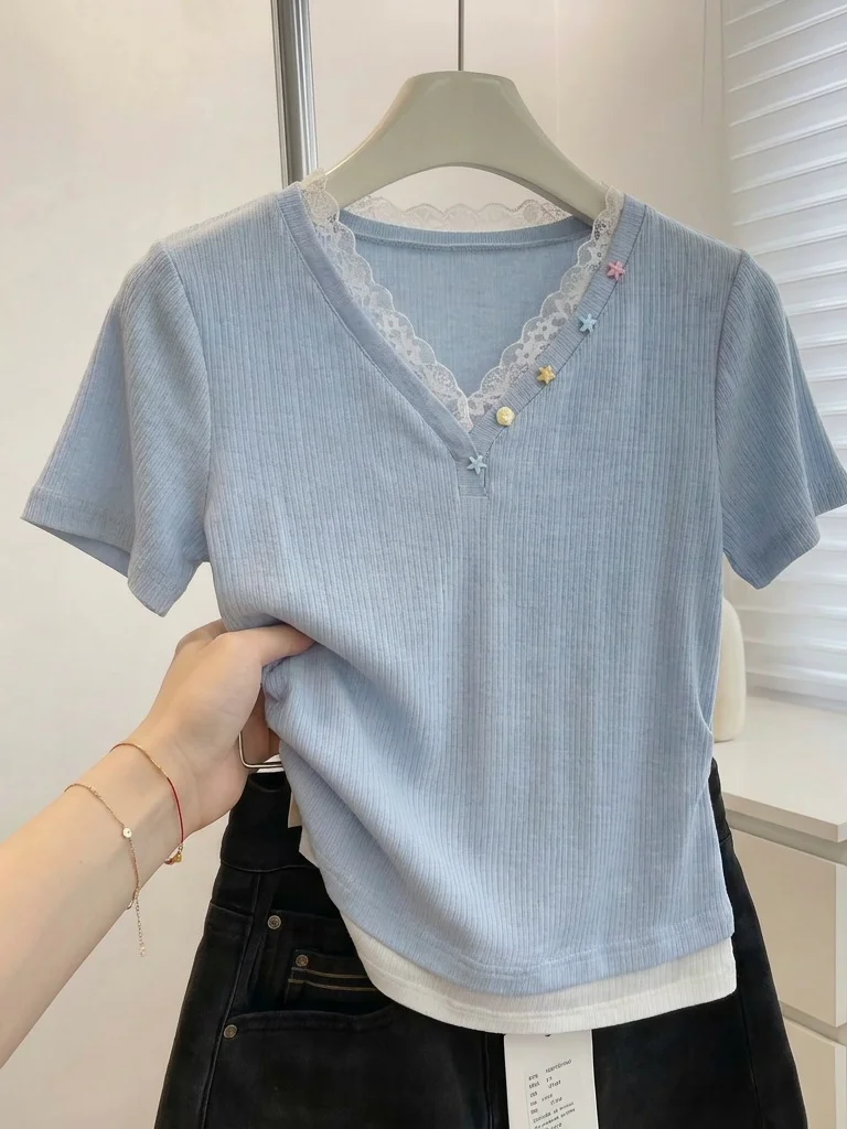 Light Blue V-Neck Short Sleeve T-Shirt Women's Summer New Style plus Size Loose Fit Korean Version Commute Style Top