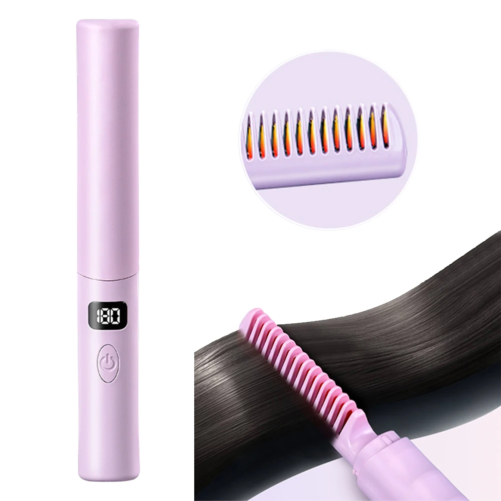 Anti-Scald Cordless Hair Straightener Brush Electric USB Rechargeable Hair Straightener Brush Straightener Comb for Home Travel