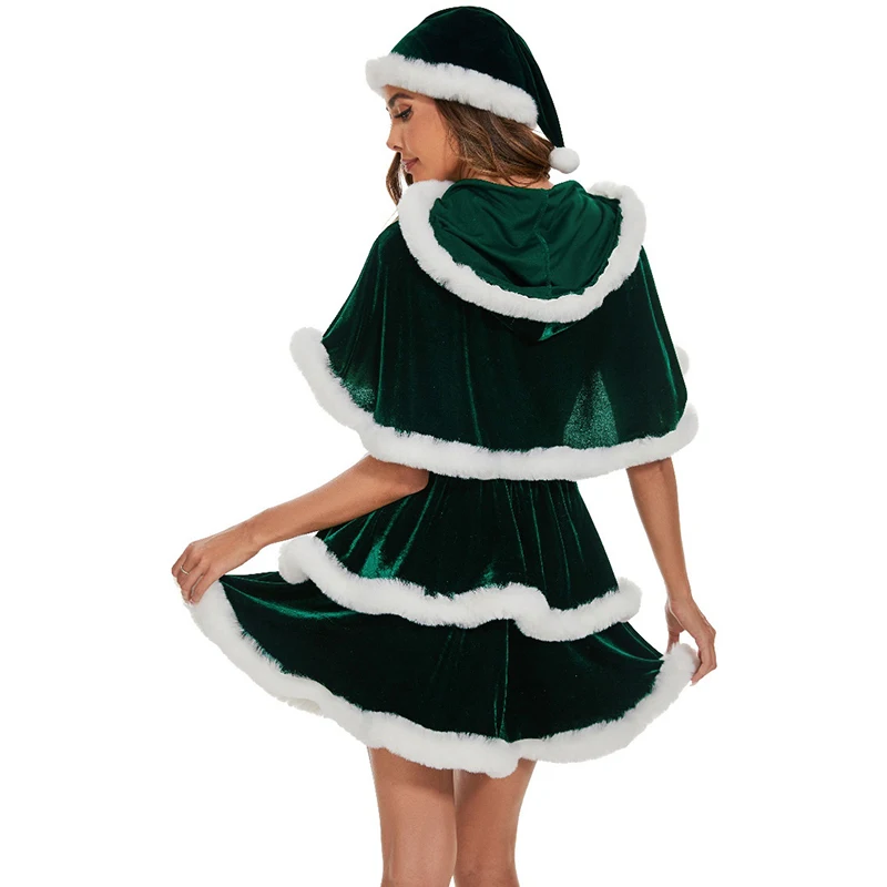 Natal vermelho verde terno de natal adulto feminino vestido capa chapéu terno festa de natal ano novo uniforme de férias