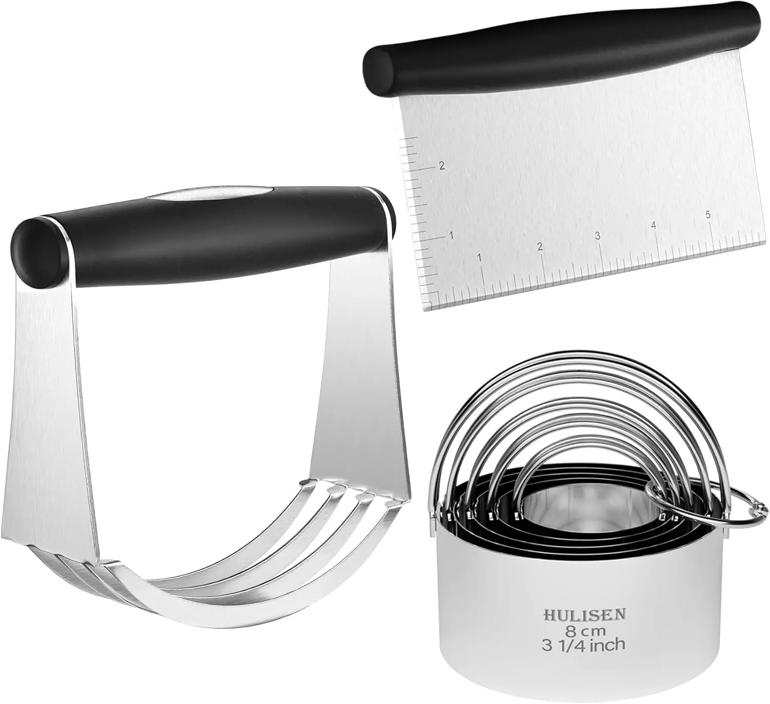 Stainless Steel Biscuit Cutter Set, Pastry Scraper and Dough Blender, Sturdy & Long-Lasting with Ergonomic Rubber Grip, Professi