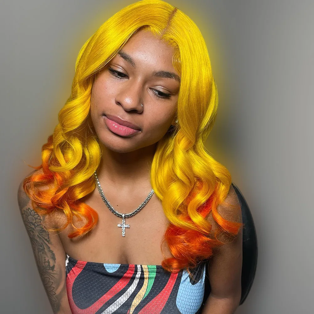Ombre Gelb Orange Körperwelle 13x6 Blond Farbige Spitze Front Rohes Echthaar Perücken Für Frauen 13x4 Spitze Frontal Perücke Vorgezupft