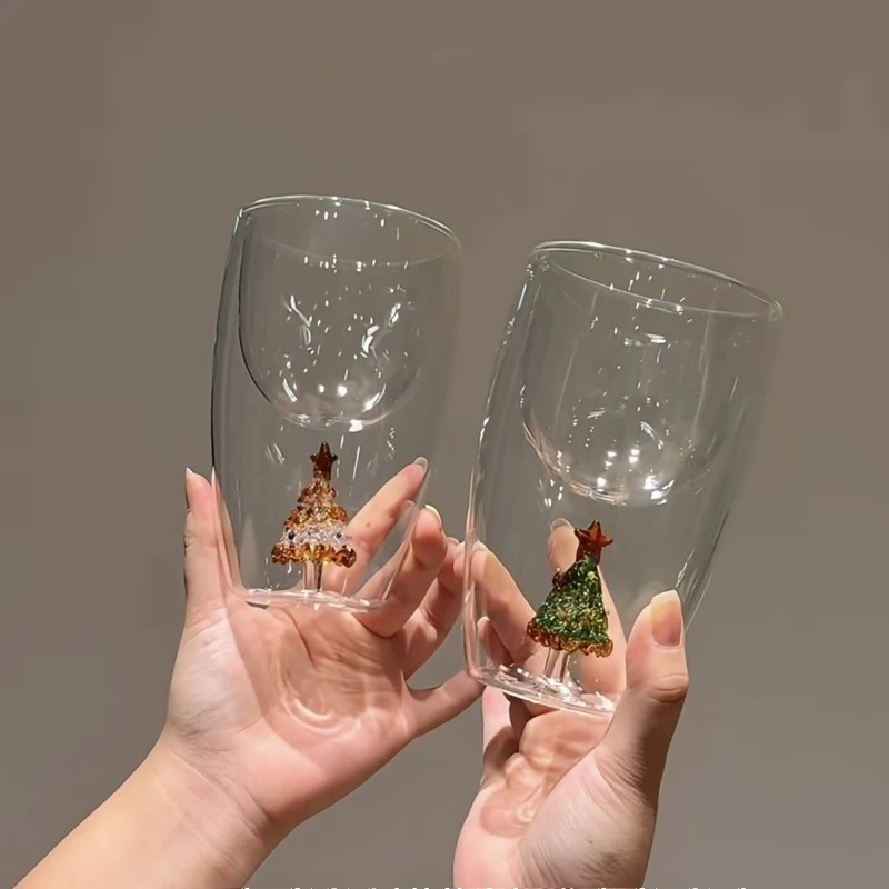 Festive Christmas Tree Design Mug,Double Wall Borosilicate Glass Cup with Gold Trim,250ml Heatproof Drinking Glass Gift & Lovers
