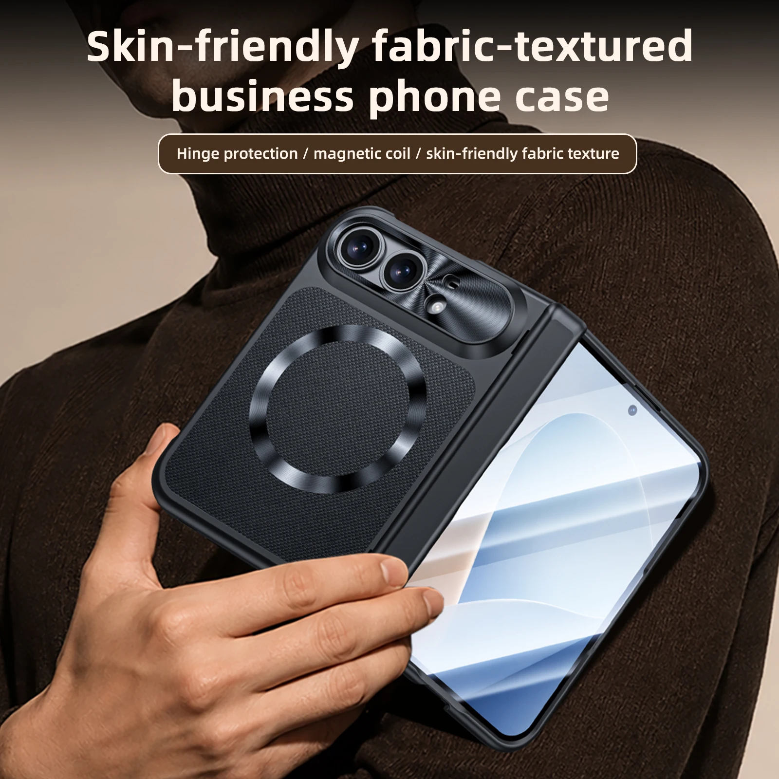 For iPhone Duo Magnetic Phone Case Simple Central Axis with Magnetic Ring Spray-Coated with Leather Integrated Case and Film