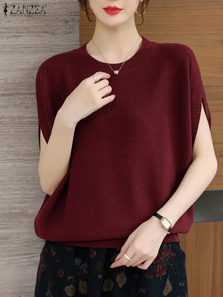 ZANZEA Bat Sleeve Stylish Tops Solid Color Elegant Women Casual Loose Blouses O Neck Korean Fashion Knitted Commute T-shirts