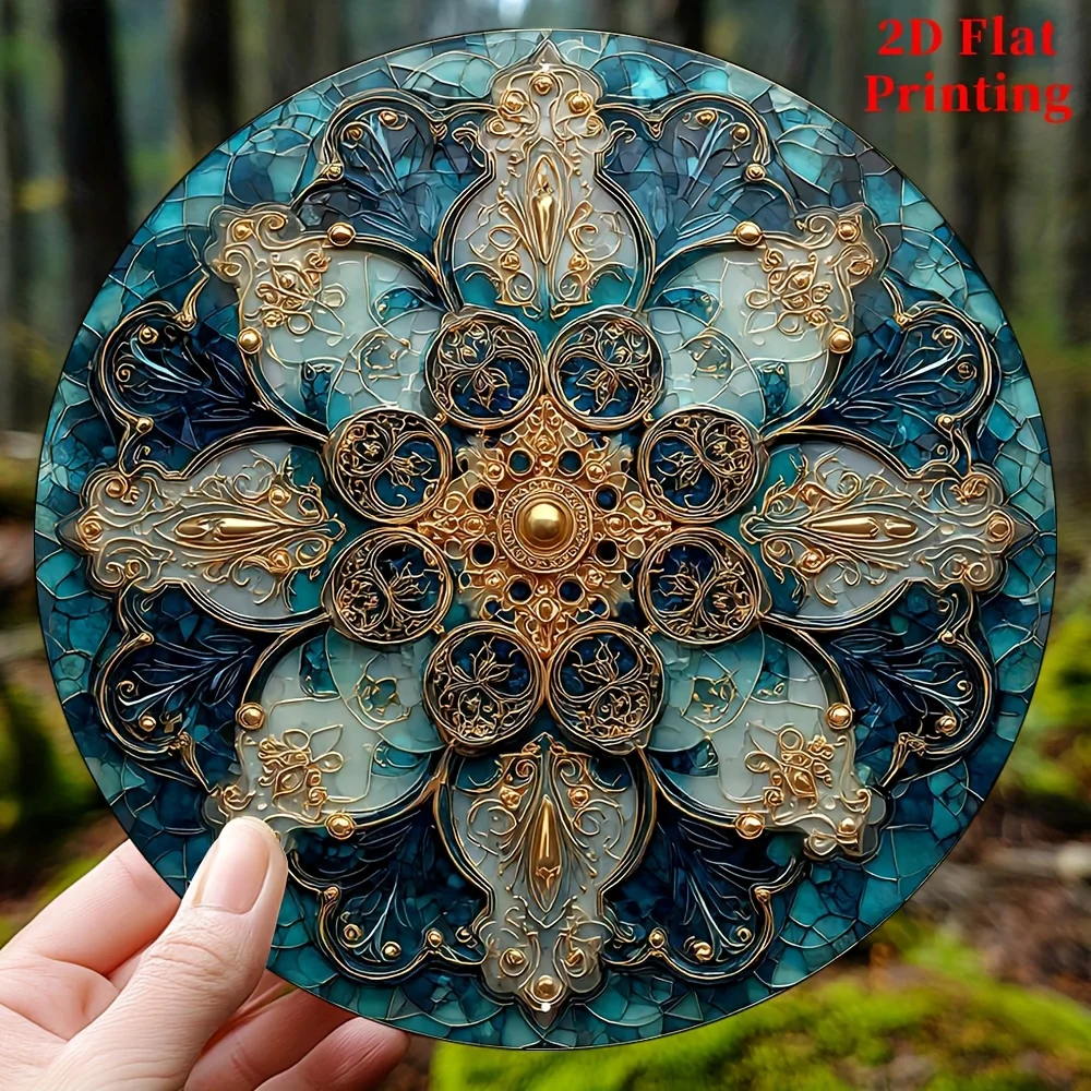 2D Flat, 1pc, Aluminum Metal Round Sign, Bohemian Style, Blue and Golden Mandala. Suitable for Courtyard, Kitchen, Home, Office,