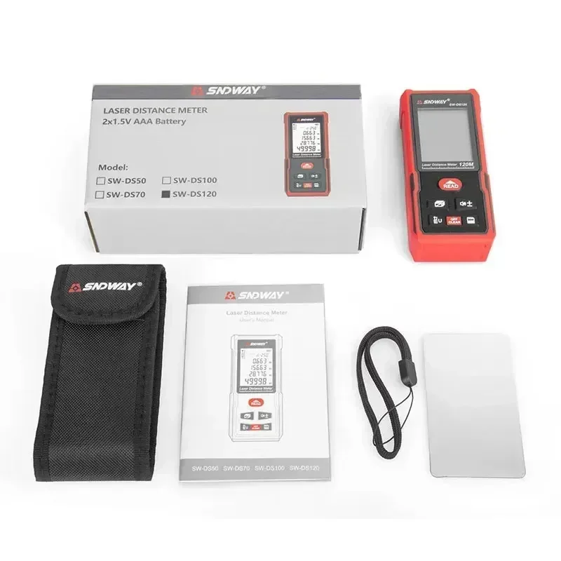 Englische Version SNDWAY Laser-Entfernungsmesser 50/70/100/120 m Laser-Maßband, digitaler Roulette-Entfernungsmesser, Entfernung/Bereich/Volumen/Se