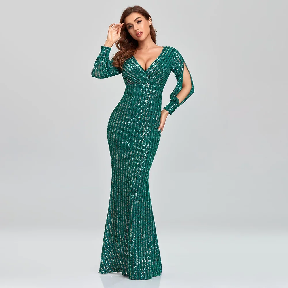 Women's Dress Plus Size Long Sleeve V Neck Sequined Mermaid Evening Gown Women's Prom Party Dress Cocktail Dress Gown Vestidos