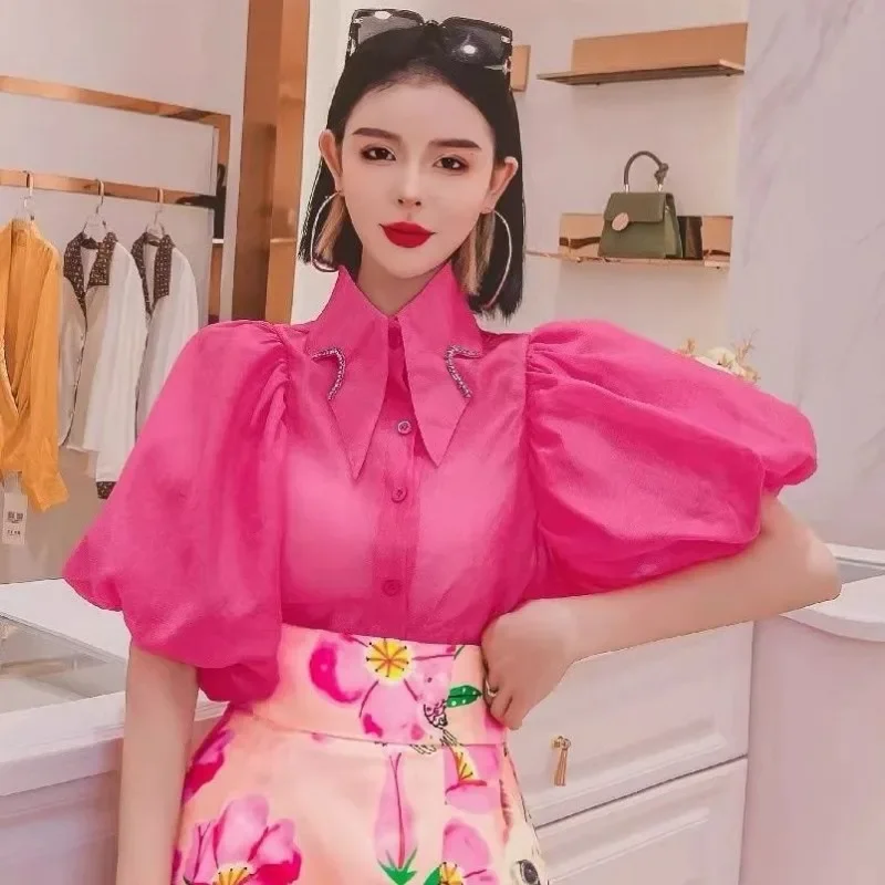 

Summer New Shirts Lantern Short Sleeve Blouse Crop Top Rhinestone Shirt Blusas Mujer De Moda Elegantes Perspective Chiffon Tops