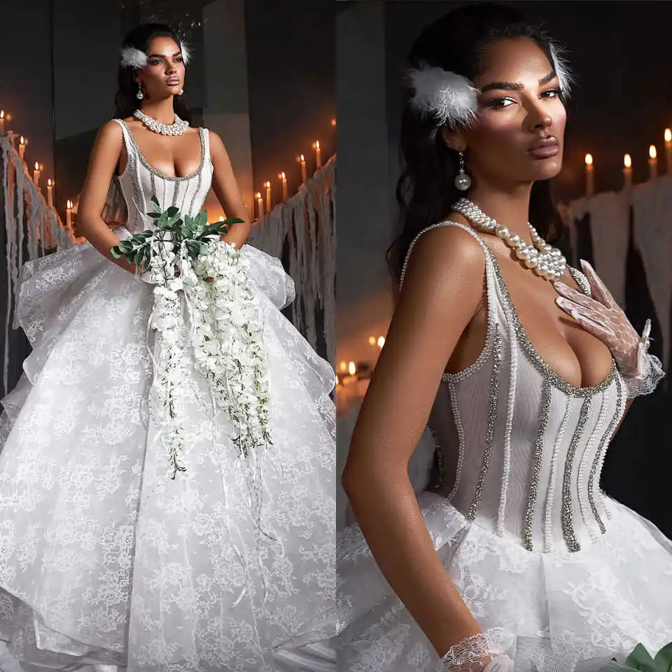 مثير س الرقبة فستان زفاف الأميرة مثير مطرز كريستال ثوب الزفاف بلا أكمام فستان العروس الدانتيل حسب الطلب