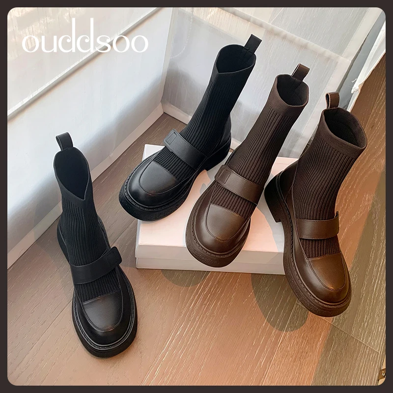 Ods Short Ankle Sock Boots For Women Round Toe Ladies Modern Stretch Booties 2024 Fashion Zipper Round Toe Platform Female Shoes