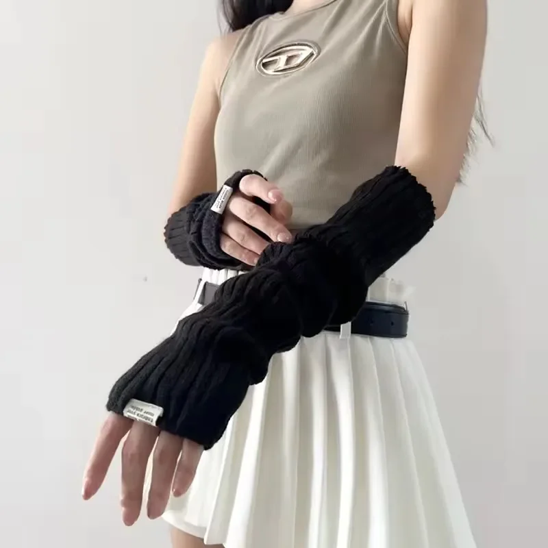 Y2K słodkie dzianinowe ocieplacze na ręce rękawiczki bez palców z długim rękawem styl Harajuku Punk gotyckie rękawiczki dla dziewczynek akcesoria wiosenne